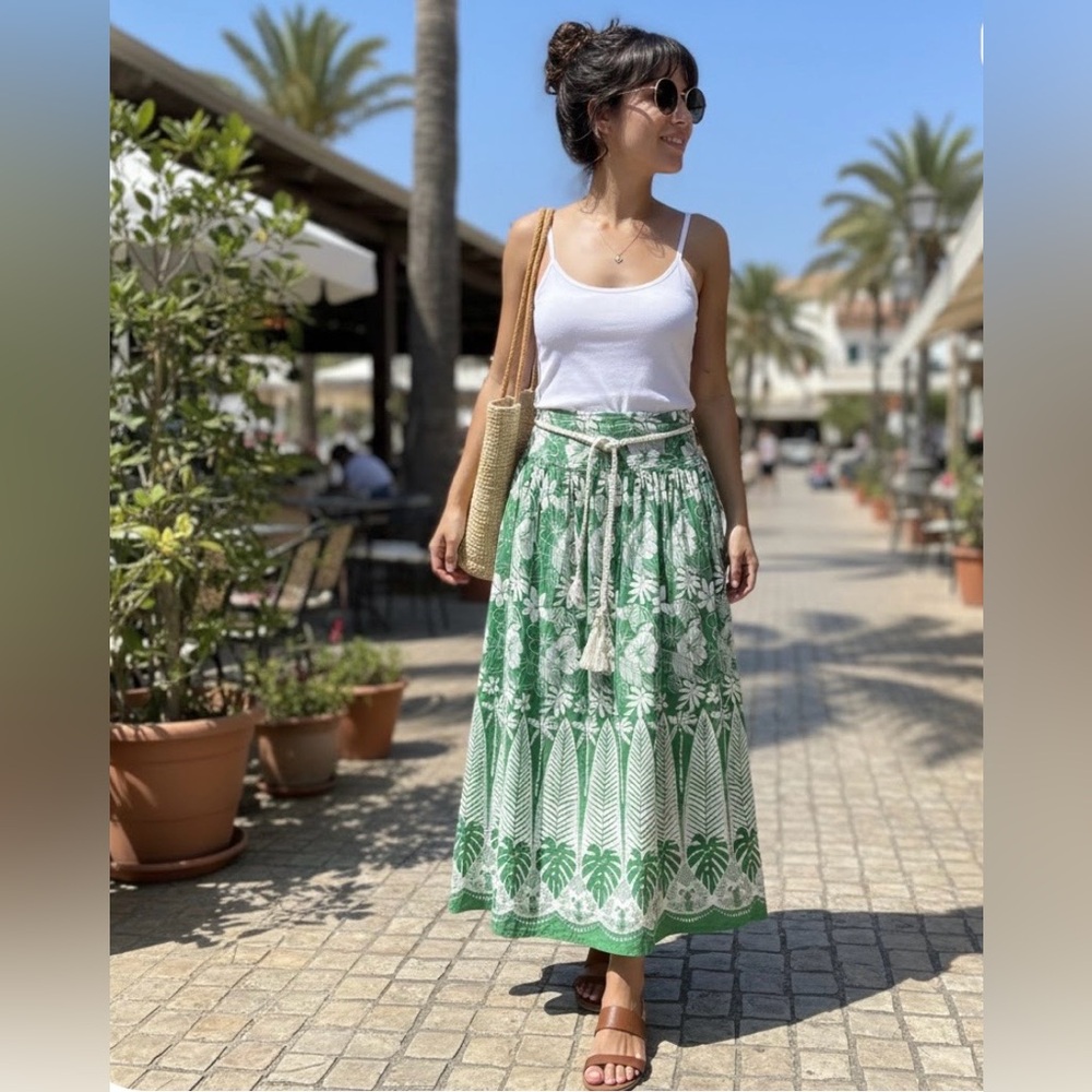 C&C California Green & white tropical maxi skirt with drawstring Size M